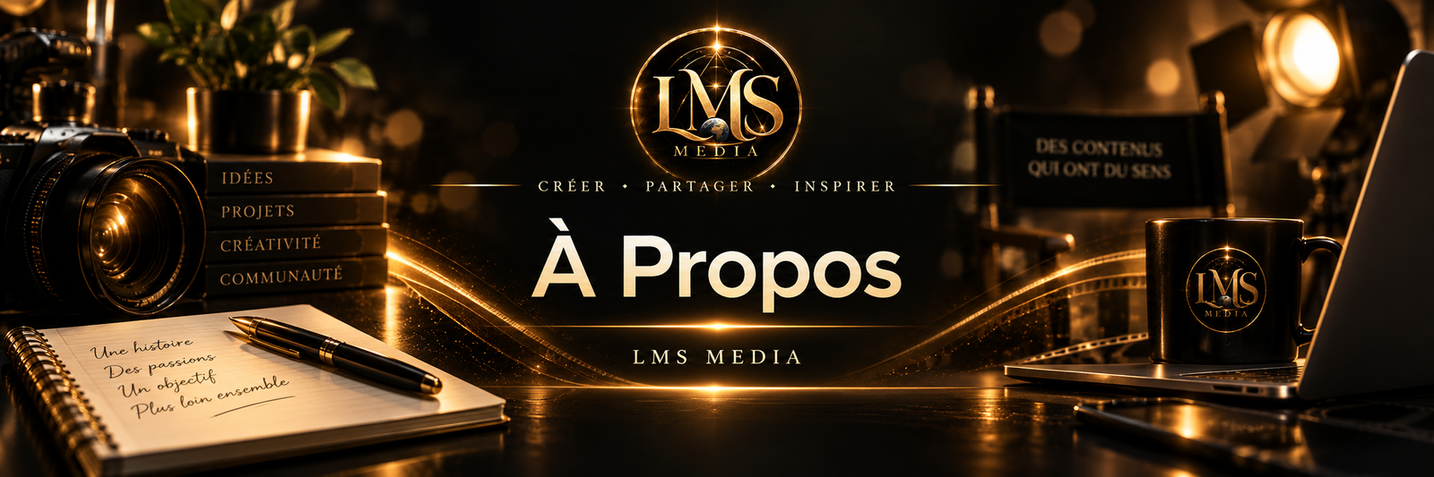Bannière À propos de LMS Media dans un style élégant noir et doré