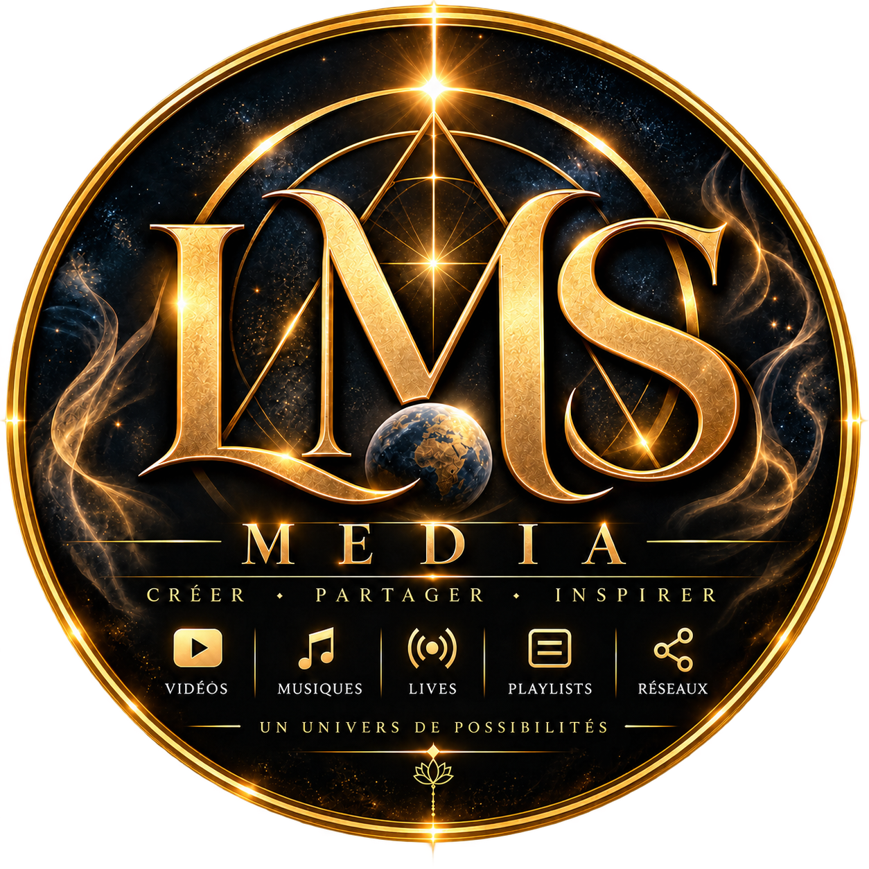 Logo LMS Media doré sur fond noir