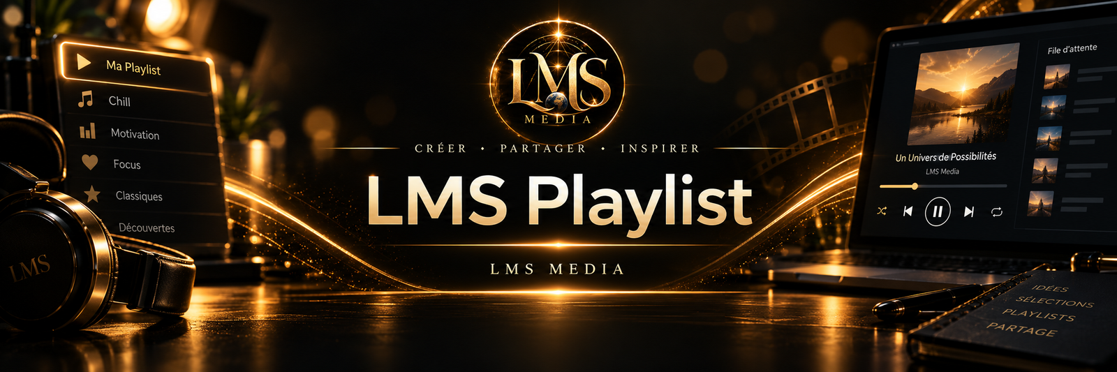 Bannière LMS Playlist dans un univers sombre et doré