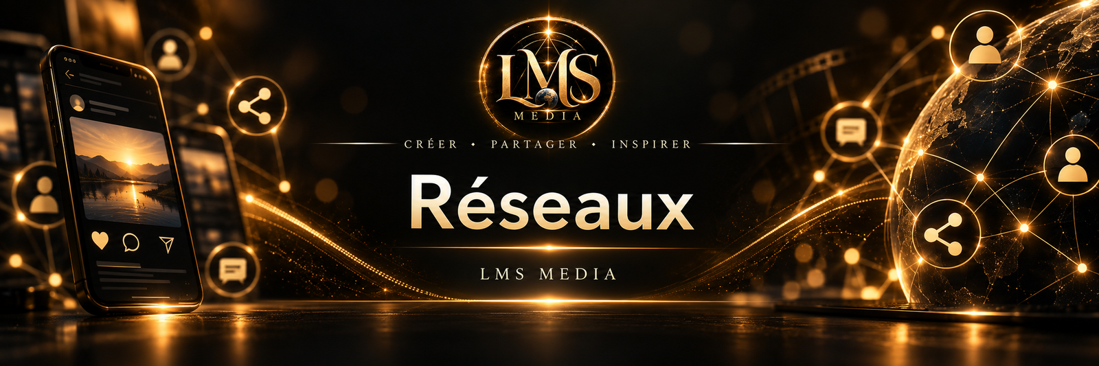 Bannière Réseaux LMS Media avec univers noir et doré